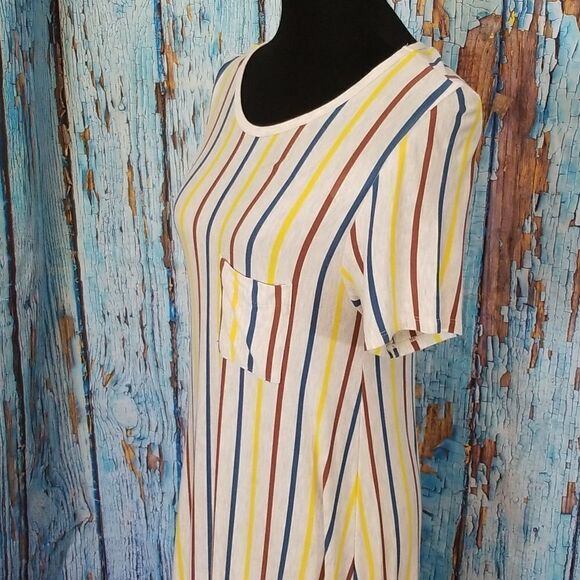 LULAROE Carly Light Grey W/ Red Yellow & Blue Stripes XSmall Short Casual Dress - Picture 5 of 8